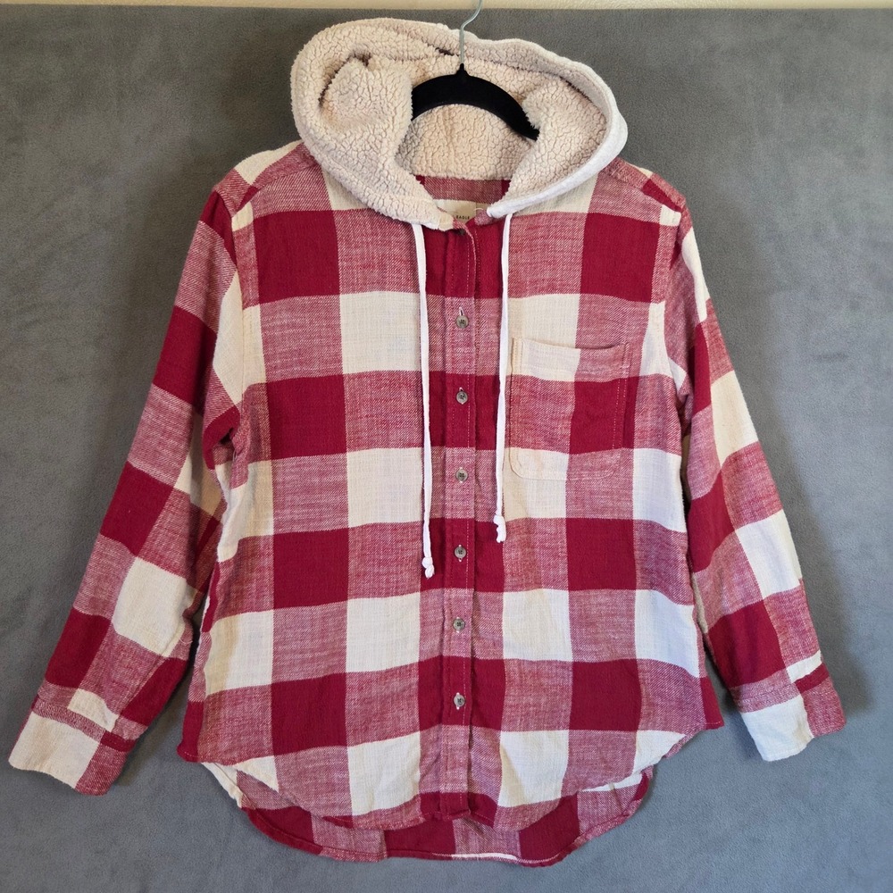 American Eagle Buffalo Plaid Flannel Hoodie Women's XS Sherpa Lined Hood Grunge